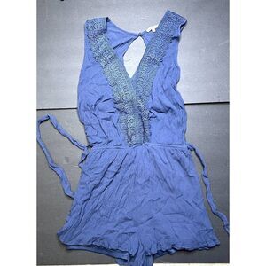 Blue Charlotte Russe Sleeveless Romper With Tie Belt And Crochet Neckline V Neck